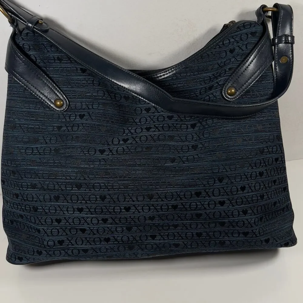 Large Vintage XOXO Hobo Blue Black Letters Brass Studded Y2K Zippered Tote Bag